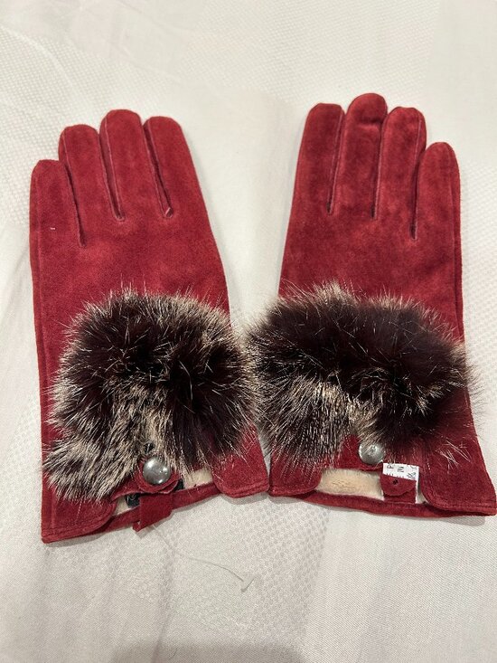Accessories - Leather Gloves - Burgundy with Fur